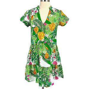 La Plage Alison Short Sleeve Dress Size XS Green Banana Jungle 100% Cotton